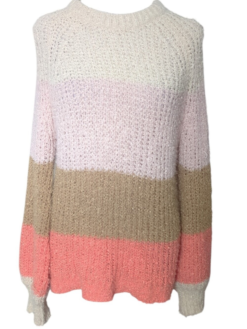 Lush Striped Crewneck Sweater in Cream, Light Pink, Tan & Coral Crochet